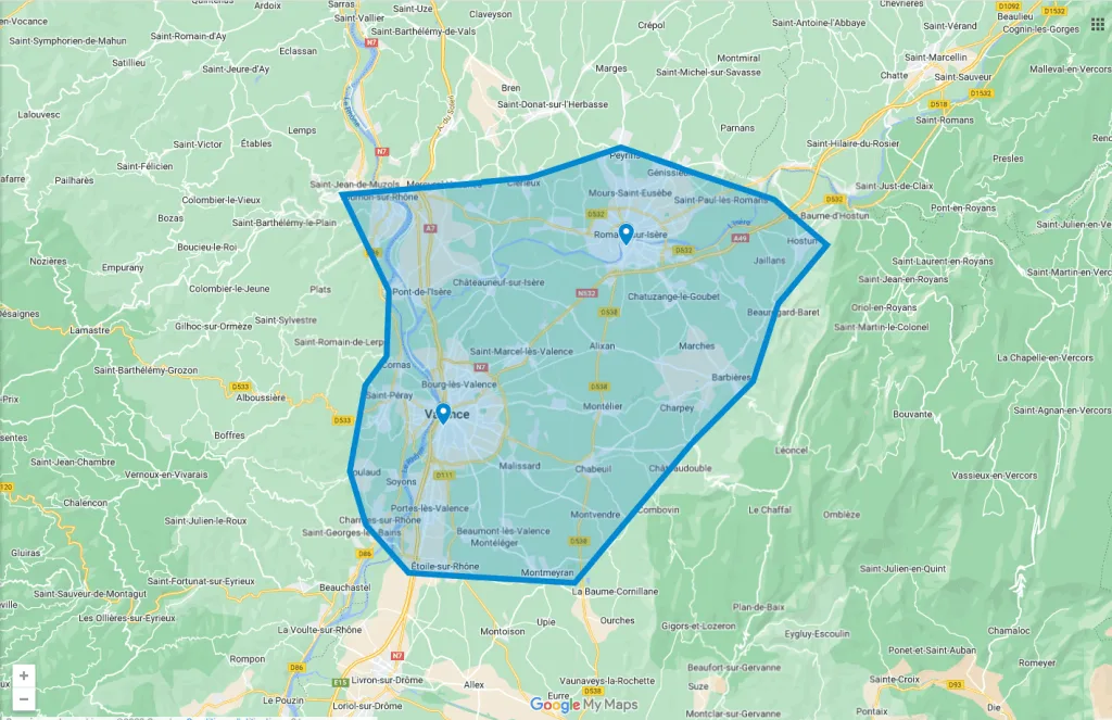 La zone d'intervention de Clément Bonnefoi, coach sportif sur Valence Romans Agglo